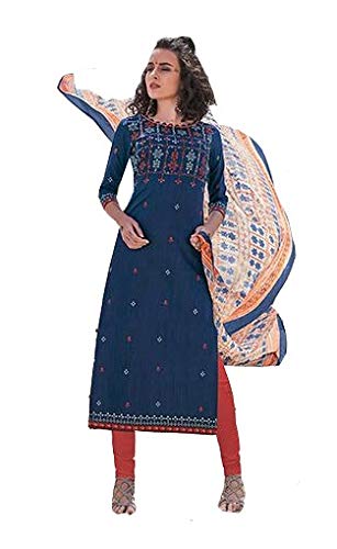 DRAVINAM Trends Women's Pure Cambric Cotton Printed Unstitched Salwar Suit Dress Material with Nazmin Dupatta- Free size, Sky Blue and Red
