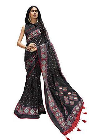 DRAVINAM Trends Women's Katha Print Silk Saree with Cutwork and Tassels on Pallu and Blouse Piece (Red)