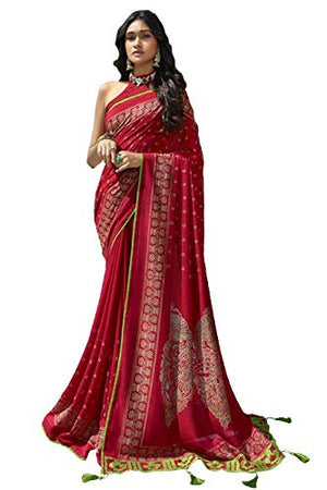 DRAVINAM Trends Women's Katha Print Silk Saree with Cutwork and Tassels on Pallu and Blouse Piece (Red)