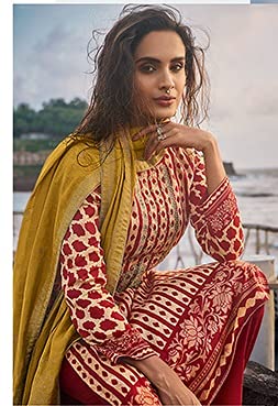 DRAVINAM Trends Women's winter wear digital Printed Pure Woollen Pashmina Salwar Suit Dress Material with Shawl Dupatta (Yellow)