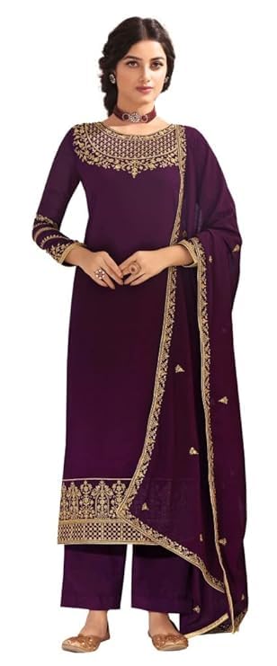 DRAVINAM Trends Women's Pure Georgette Heavy Embroidered Unstitched Salwar Suit Dress Material with Georgette Embroidered Dupatta (Free size_Wine)
