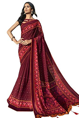 DRAVINAM Trends Women's Katha Print Silk Saree with Cutwork and Tassels on Pallu and Blouse Piece (Red)