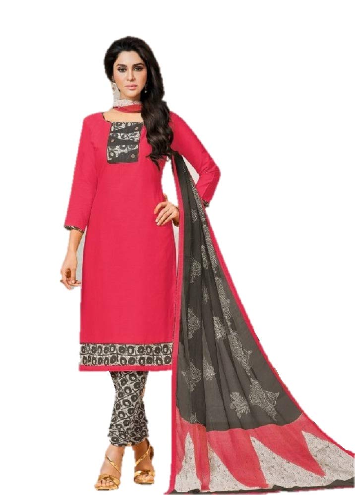 DRAVINAM Trends Women's Unstitched Cotton Salwar Suit Dress Material with Printed Patch Work and Chiffon Printed Dupatta/Chunni For College Wear//Casual Wear (Beige)