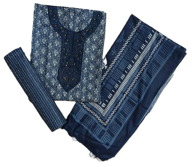DRAVINAM Trends Women's Printed Embroidered and Hand Work Premium Cotton Jaipuri Unstitched Salwar Suit Dress Material with Mulmul Cotton Dupatta