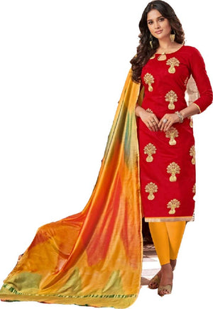 DRAVINAM Trends Women's Unstitched Modal Silk Embroidered Salwar Suit Dress Material with Banarasi Tie and Dye Dupatta (Free Size) (Yellow)