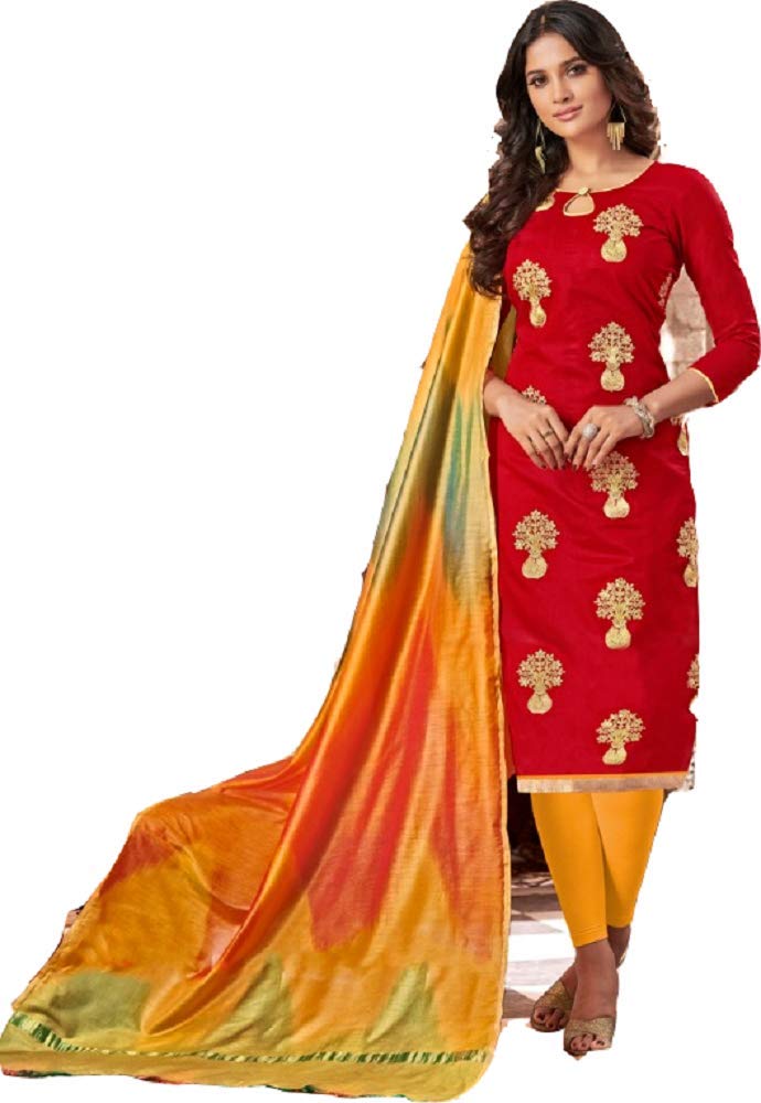 DRAVINAM Trends Women's Unstitched Modal Silk Embroidered Salwar Suit Dress Material with Banarasi Tie and Dye Dupatta (Free Size) (Yellow)