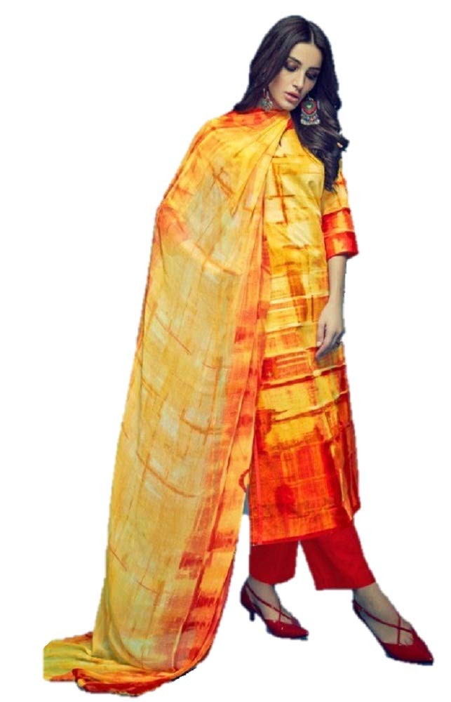 DRAVINAM Trends Women's Pure Cambric Cotton Printed Unstitched Salwar Suit Dress Material with Nazmin Dupatta- Free size, Sky Blue and Red