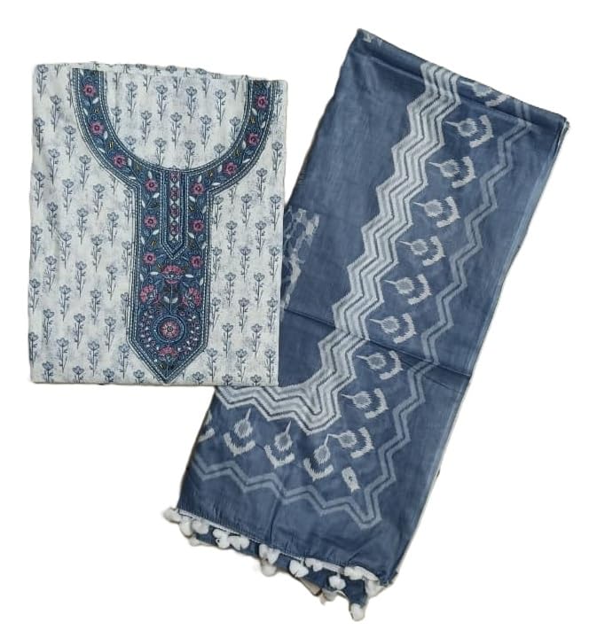 DRAVINAM Trends Women's Printed Embroidered and Hand Work Premium Cotton Jaipuri Unstitched Salwar Suit Dress Material with Mulmul Cotton Dupatta