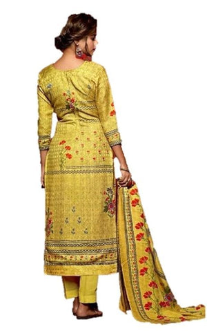 DRAVINAM Trends Women's Jam Cotton Printed Unstitched Salwar Kameez Suit Fabric with Shisha Khatli Work, Cotton Bottoms and Chiffon Dupatta