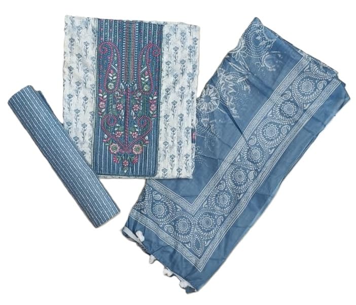 DRAVINAM Trends Women's Premium Cotton Jaipuri Printed Embroidered and Hand Work Unstitched Salwar Suit Dress Material with Mulmul Cotton Dupatta