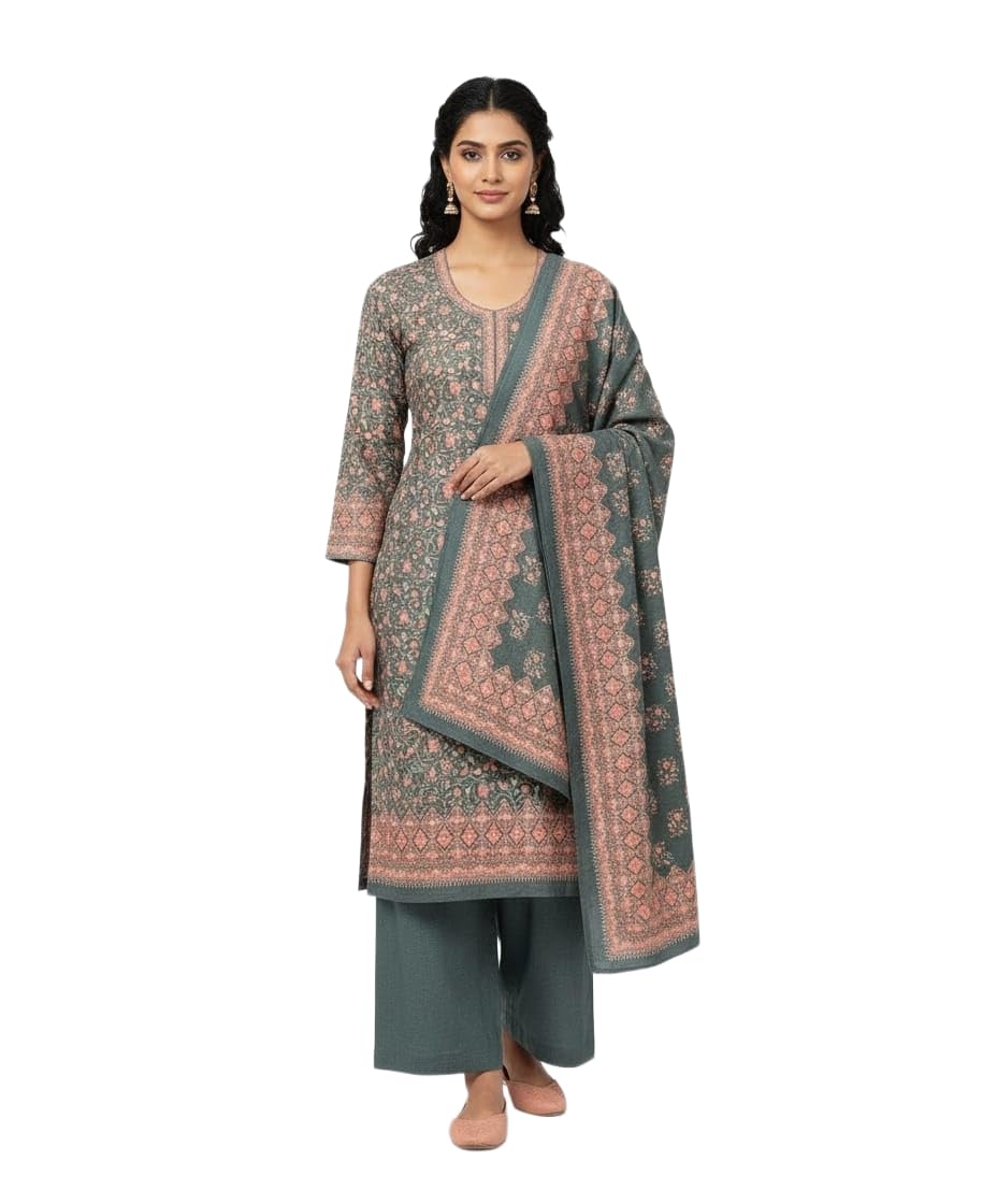 DRAVINAM Trends Women's Winter Wear Digital Printed Warm Toosh Pashmina Kullu Salwar Kameez Dress Material with Heavy Toosh Pashmina Digital Printed Shawl Dupatta