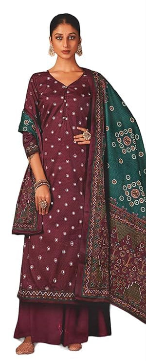 DRAVINAM Trends Women's Unstitched Kaani Print Mirror Work Spun Pashmina Winter wear Dress Material Fabric for Salwar Suit with printed spun pashmina Kashmiri shawl dupatta (Blue)