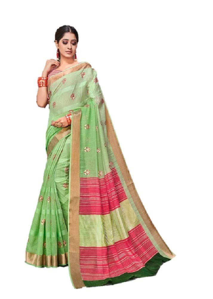 DRAVINAM Trends Women's Soft Blended Cotton Saree with Border and Buti (with Blouse Piece) (Sea Green and Pink)
