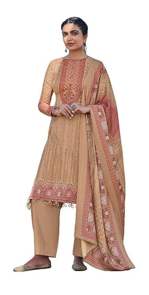 DRAVINAM Trends Women's Unstitched Winter Wear Woollen Pashmina Embroidered Salwar Suit Dress Material with Pashmina Printed Shawl Dupatta (Free size_Beige)