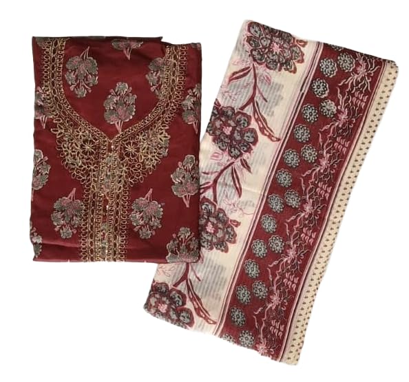 DRAVINAM Trends Women's Unstitched Jaam Cotton Dress Material | Printed Embroidered Unstitched Suit Set with Rayon Bottoms and Printed Dupatta