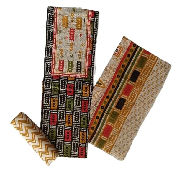 DRAVINAM Trends Women's Unstitched Cambric Cotton Dress Material Salwar Suit Set with Dupatta | Geometric Batik Print & Embellished Neckline (Multicolor)