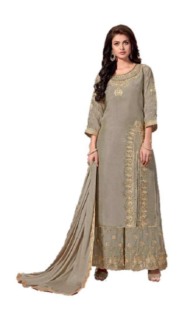 DRAVINAM Trends Upada Silk Sharara Suit Women | Diamond Work Upada Silk Short Kurta with Georgette Zari embroidered Sharara Plazzo and Chinon Dupatta (Stitched Sharara)
