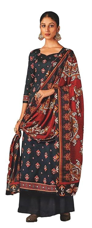 DRAVINAM Trends Women's Unstitched Kaani Print Mirror Work Spun Pashmina Winter wear Dress Material Fabric for Salwar Suit with printed spun pashmina Kashmiri shawl dupatta (Blue)