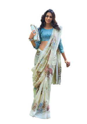 DRAVINAM Trends Women's Woven Kota Linen Printed Saree with Blouse Piece (Light Brown_SareeSRZ_11)
