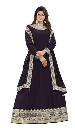 DRAVINAM Trends Women's Pure Georgette Heavy Zari Embroidered Anarkali Unstitched Suit Gown material with Georgette Embroidered and Swaroski work Dupatta (Free Size_Pinkish Red)