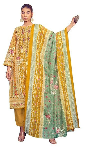 DRAVINAM Trends Unstitched Pakistani Print Embroidered Cotton Suit Dress Materials with Printed Cotton Dupatta