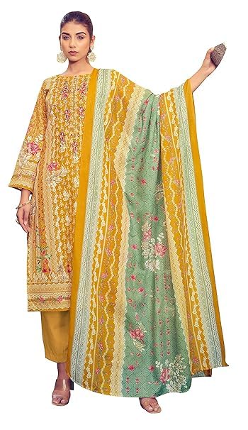DRAVINAM Trends Unstitched Pakistani Print Embroidered Cotton Suit Dress Materials with Printed Cotton Dupatta