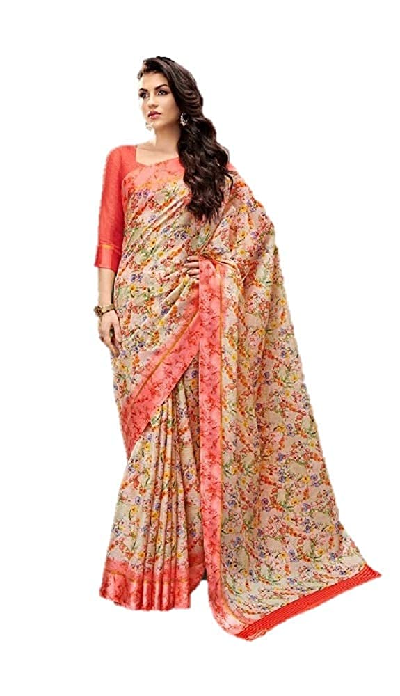 DRAVINAM Trends Women's Printed Cotton Blend saree with Self Printed Blouse Piece (Light Pink)