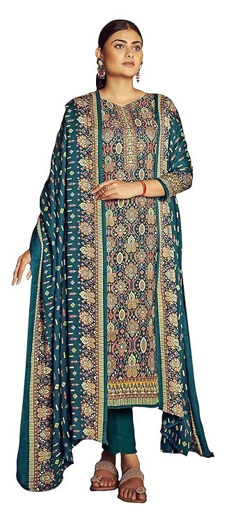DRAVINAM Trends Women's Unstitched Printed Woolen salwar suit for women with Shawl dupatta (Blue)