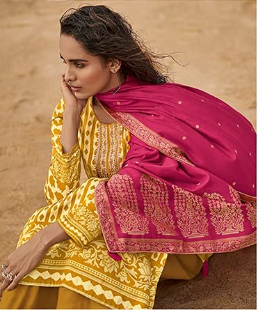 DRAVINAM Trends Women's winter wear digital Printed Pure Woollen Pashmina Salwar Suit Dress Material with Shawl Dupatta (Yellow)