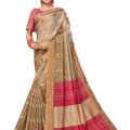 DRAVINAM Trends Women's Soft Blended Cotton Saree with Border and Buti (with Blouse Piece) (Beige and Pink)