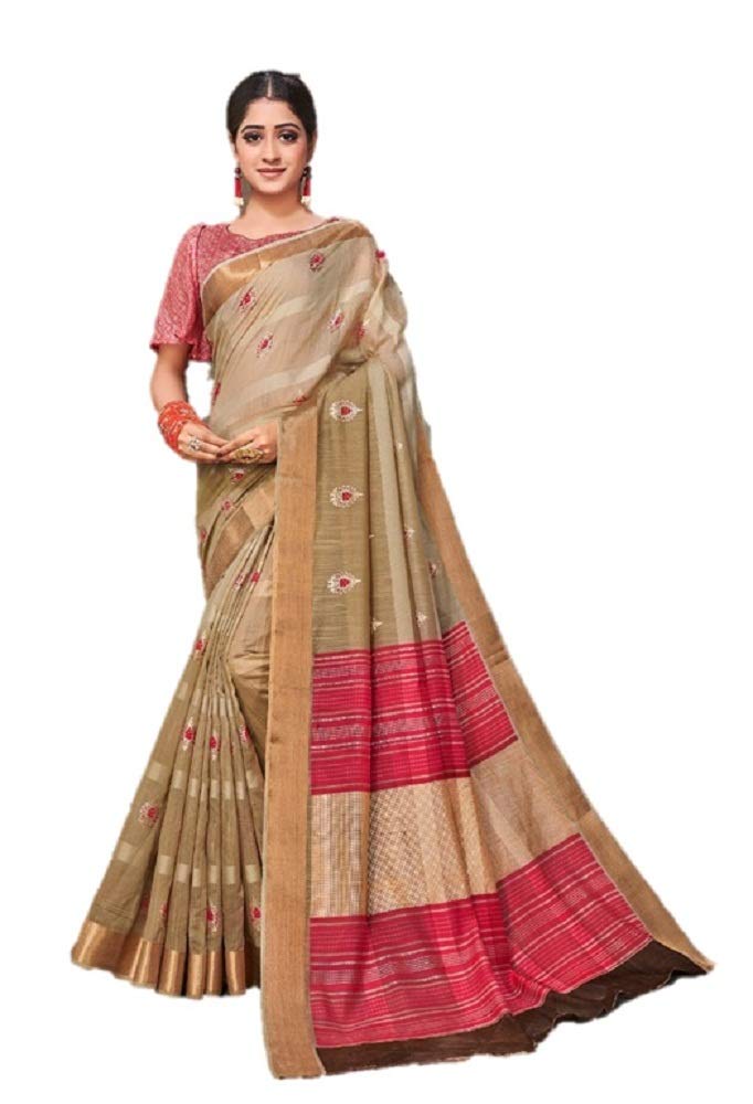 DRAVINAM Trends Women's Soft Blended Cotton Saree with Border and Buti (with Blouse Piece) (Sea Green and Pink)
