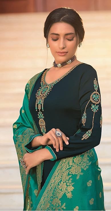 DRAVINAM Trends Women's Satin Georgette Unstitched Embroidered Chudidaar Salwar Suit dress Material with Heavy Pure Banarasi Meena Jacquard silk Dupatta (Free size_Blue and Firozee)