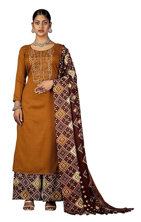 DRAVINAM Trends Women's Unstitched Winter Wear Spun Wool Embroidered Printed Palazzo Salwar Suit Dress Material with Spun Printed Shawl Dupatta (Yellow)