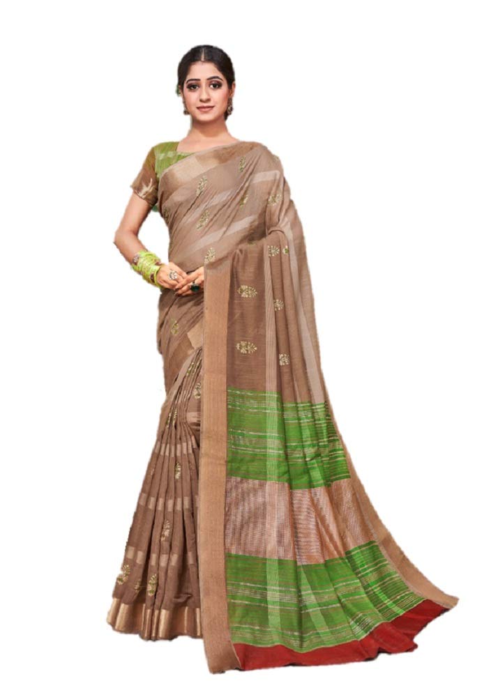 DRAVINAM Trends Women's Soft Blended Cotton Saree with Border and Buti (with Blouse Piece) (Sea Green and Pink)