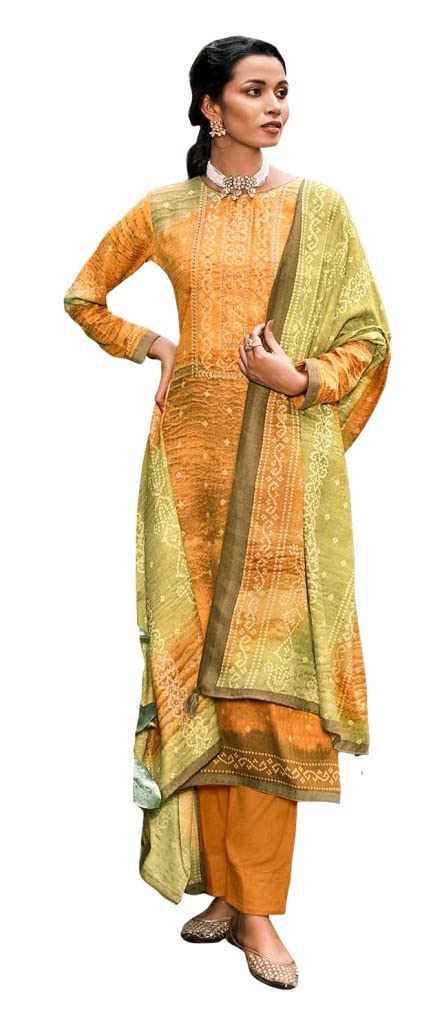 DRAVINAM Trends Women's Unstitched hand embroidered digital bandhani Print Pure Woollen Pashmina Salwar Suit Dress Material with bandhani printed woolen shawl dupatta (Yellow)