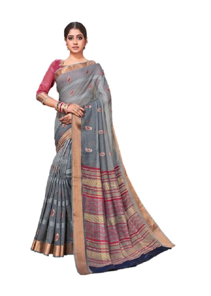 DRAVINAM Trends Women's Soft Blended Cotton Saree with Border and Buti (with Blouse Piece) (Sea Green and Pink)