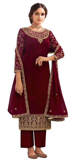 DRAVINAM Trends Women's Heavy Embroidered Pure Georgette Unstitched Chudidar Dress Material with Georgette Embroidered Dupatta (Free size_Maroon)(Pakistani Salwar Suit)