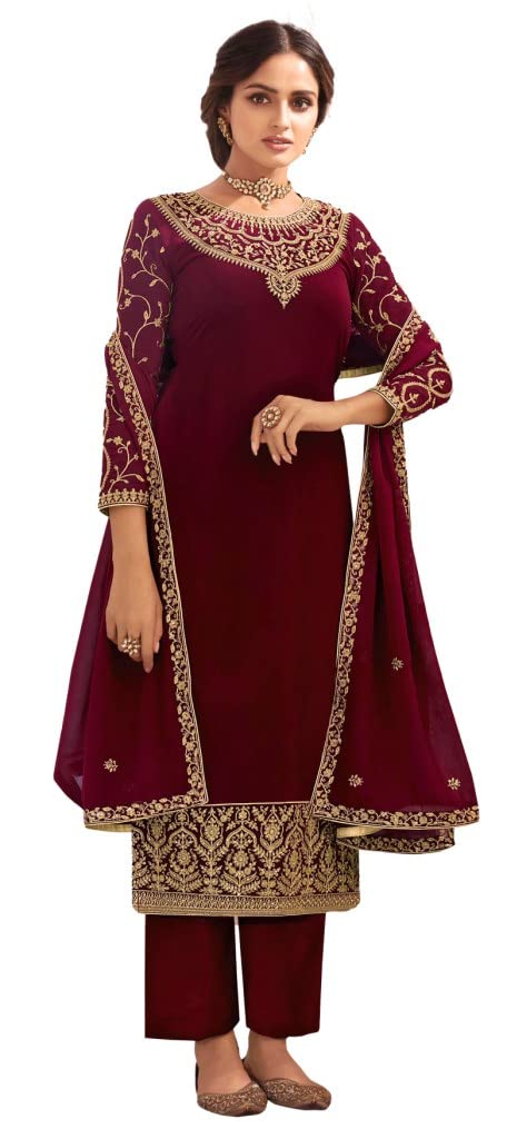 DRAVINAM Trends Women's Heavy Embroidered Pure Georgette Unstitched Chudidar Dress Material with Georgette Embroidered Dupatta (Free size_Maroon)(Pakistani Salwar Suit)