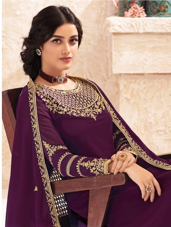 DRAVINAM Trends Women's Pure Georgette Heavy Embroidered Unstitched Salwar Suit Dress Material with Georgette Embroidered Dupatta (Free size_Wine)