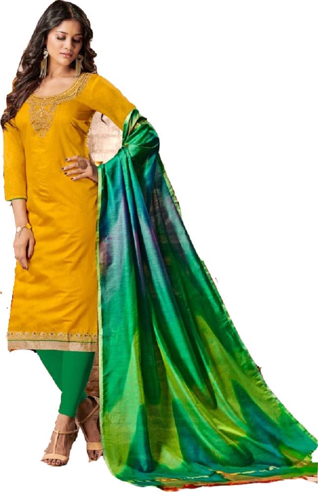 DRAVINAM Trends Women's Unstitched Modal Silk Embroidered Salwar Suit Dress Material with Banarasi Tie and Dye Dupatta (Free Size) (Yellow)