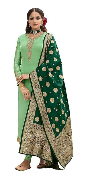 DRAVINAM Trends Women's Satin Georgette Unstitched Embroidered Chudidaar Salwar Suit dress Material with Heavy Pure Banarasi Meena Jacquard silk Dupatta (Free size_Blue and Firozee)