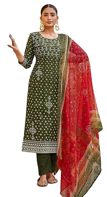 DRAVINAM Trends Women's Unstitched Salwar Suit Dress Material - Pure Cotton Print with Mirror Work Kameez | Plain Bottom |Chiffon Print Dupatta