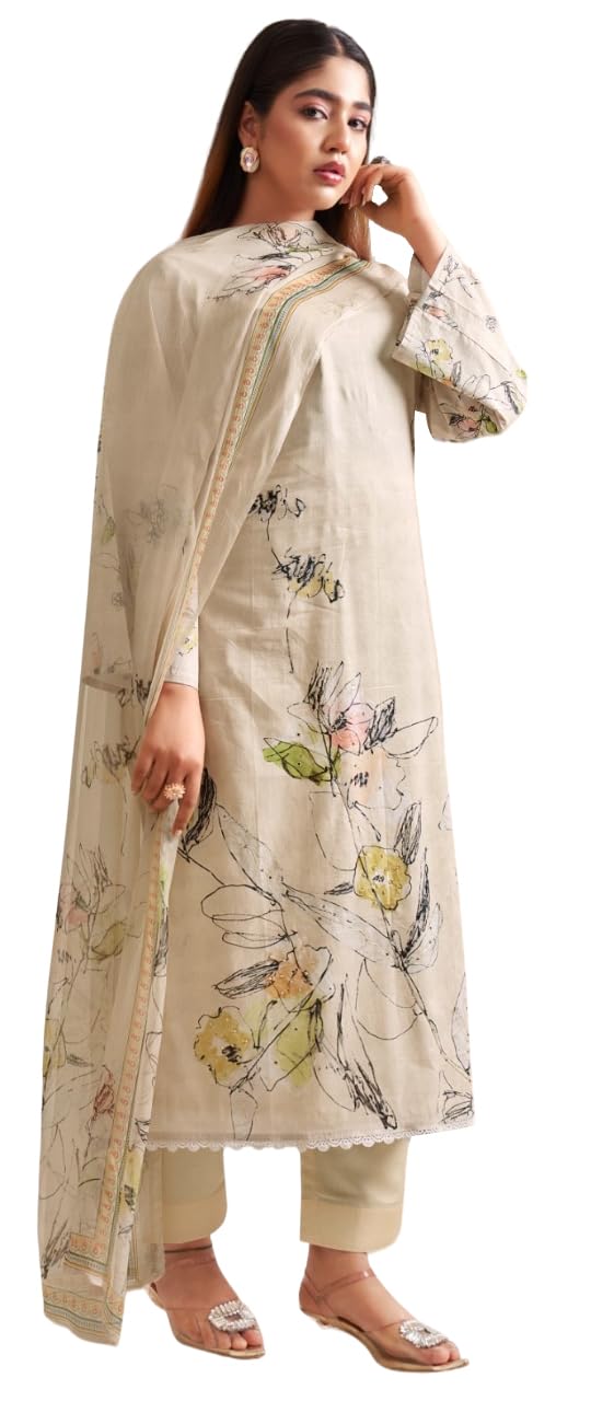 DRAVINAM Trends Unstitch Suit Dress Material for Women II Handcrafted Sequence Cambric Lawn Cotton Top II Cambric Cotton Unstitch Bottom II Pure Bemberg Dupatta