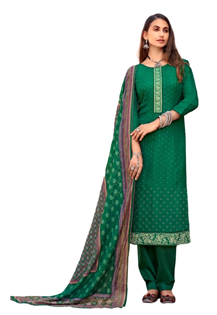 DRAVINAM Trends Women's Pure Viscose Upada Silk Sequence work Unstitched Salwar Suit Material with Pure Muslin Digital Print Sequence Dupatta (Free size_Green)