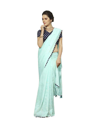 DRAVINAM Trends Women's Embroidered Khadi Linen Plain Saree with Ikat Printed Blouse Piece (Sky Blue and royal Blue)