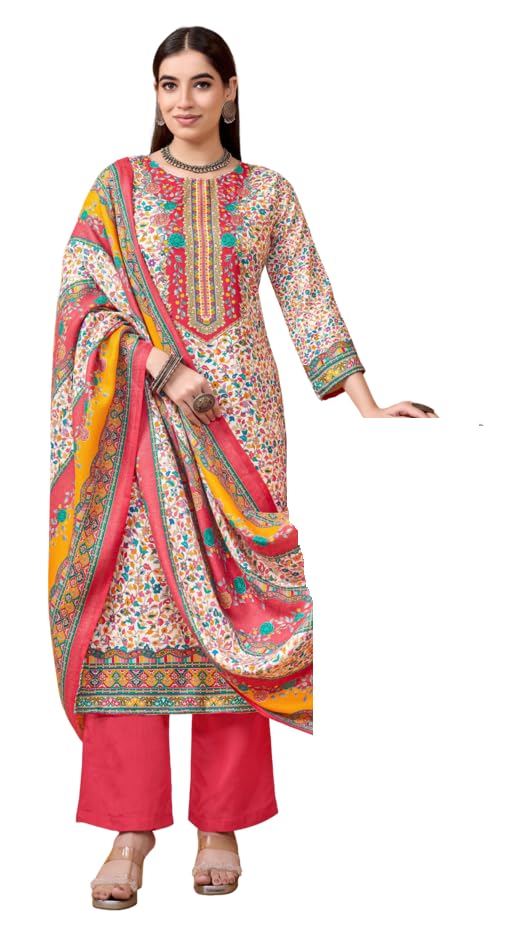 DRAVINAM Trends Women's Winter Wear Pure Viscose Woolen Pashmina Digital Kani Printed Swaroski Work Unstitch Salwar Suit Dress Material with Pure Digital Viscose Pashmina Woolen Warm Shawl Dupatta
