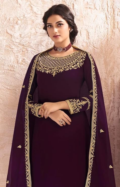 DRAVINAM Trends Women's Pure Georgette Heavy Embroidered Unstitched Salwar Suit Dress Material with Georgette Embroidered Dupatta (Free size_Wine)