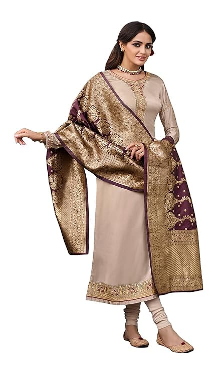 DRAVINAM Trends Women's Satin Georgette Unstitched Embroidered Chudidaar Salwar Suit dress Material with Heavy Pure Banarasi Meena Jacquard silk Dupatta (Free size_Blue and Firozee)