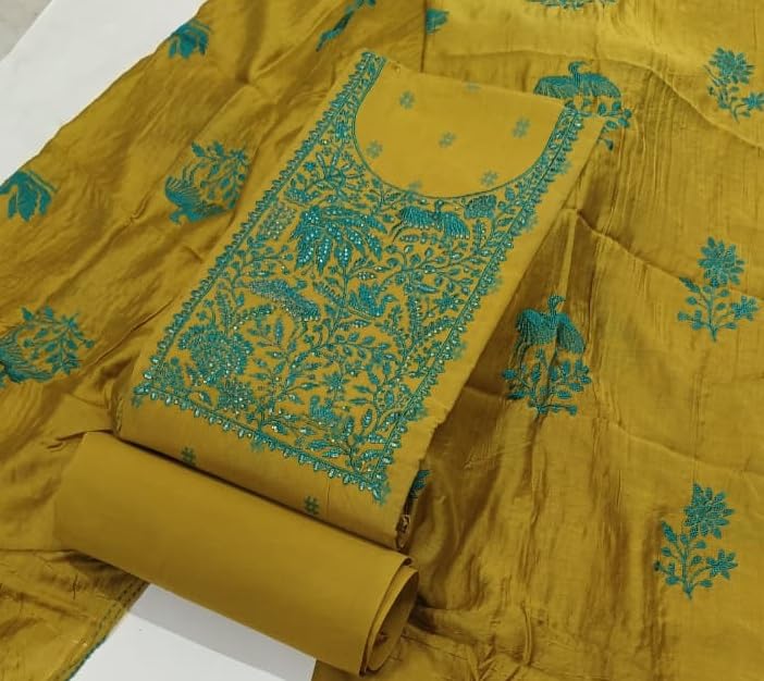 DRAVINAM Trends Women's Premium Malai Cotton Heavy Neck Embroidered Unstitched Salwar Suit Dress Material with Soft Silk Embroidered Dupatta