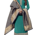 DRAVINAM Trends Women's Satin Georgette Embroidered Unstitched Salwar Suit Dress Material with Heavy Banarasi Dupatta (Firozee and Dark Blue)